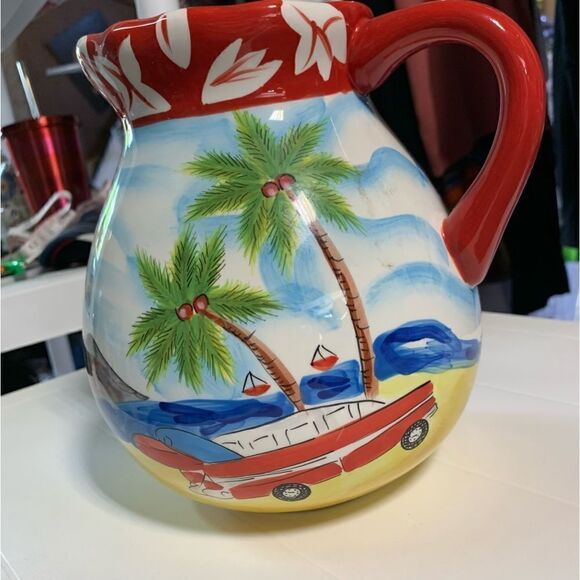 HausenWare Island Beach Pitcher Palm Trees Surf Boards Station Wagon Gorgeous - Picture 1 of 8